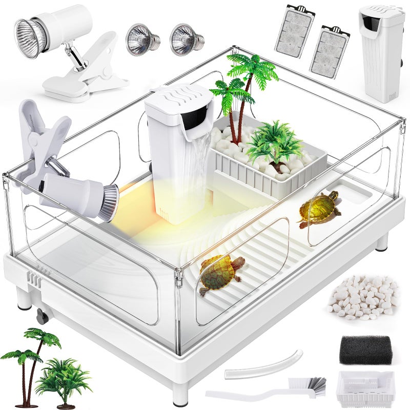 MoonOrange Small Turtle Tank KitTankLightFilter Acrylic Turtle Tank Starter Kit with Bask Platform Bottom Drain MultiFunction Area for Small ReptilesWhite