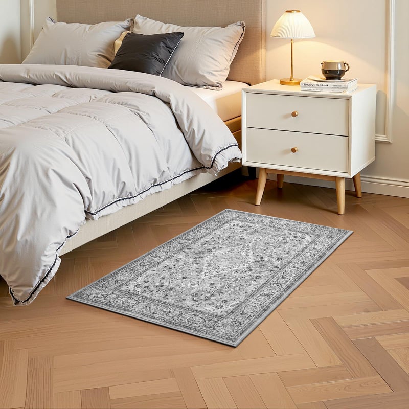 Flagover Grey Small Washable Area Rug, 2x3 Boho Vintage Entryway Rugs, Soft Non Slip Floral Door Mat, Aesthetic Low Pile Carpet for Front Door Entry Carpets Entrance Bedroom Kitchen - Image 2