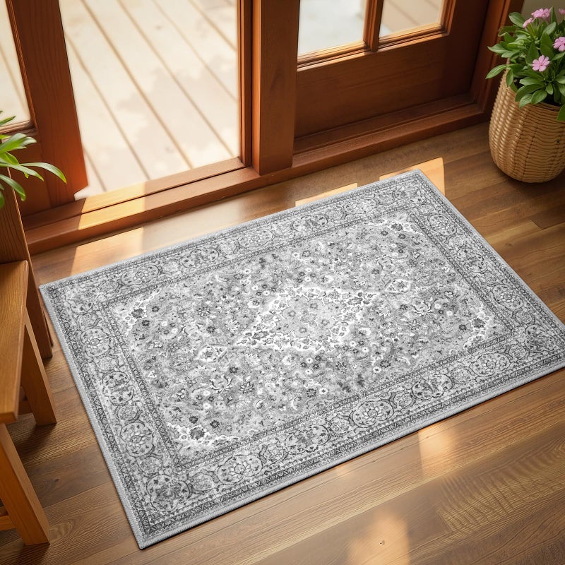 Flagover Grey Small Washable Area Rug, 2x3 Boho Vintage Entryway Rugs, Soft Non Slip Floral Door Mat, Aesthetic Low Pile Carpet for Front Door Entry Carpets Entrance Bedroom Kitchen - Image 1