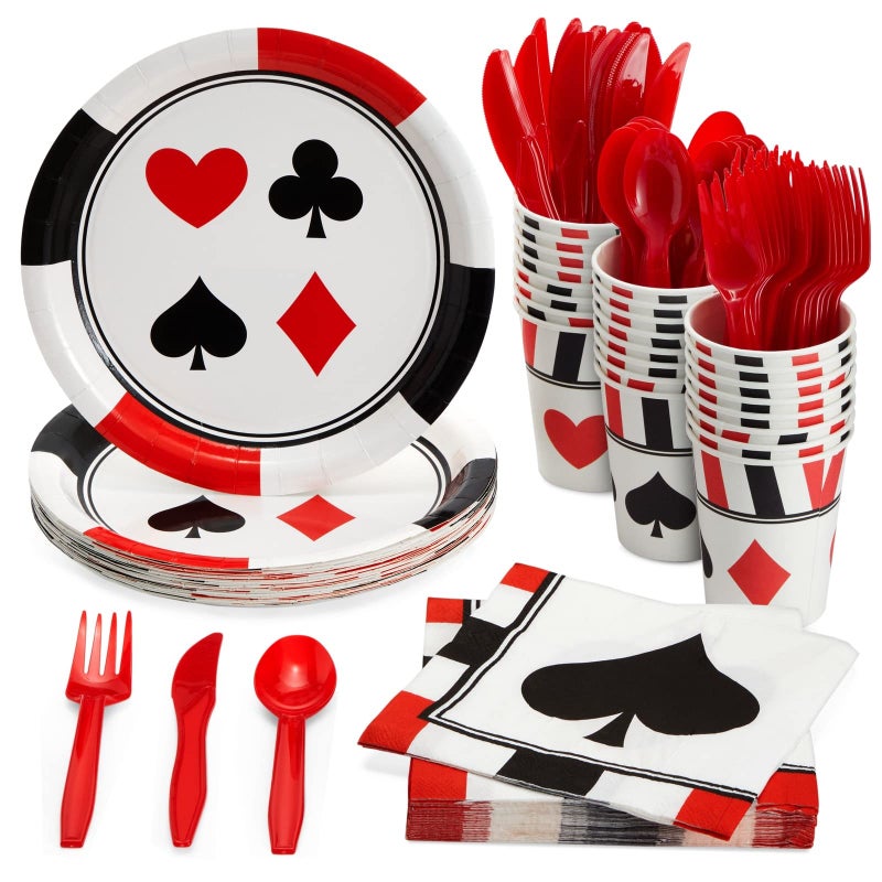 BLUE PANDA 144 Piece Casino Theme Birthday Party Decor  Dinnerware Set with Plates Napkins Cups and Cutlery Casino Theme Party Decorations Serves 24  Poker Plates