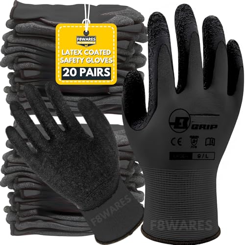 F8WARES 20 Pairs Latex Coated Safety Gloves for Men Industrial & Outdoor - Working Gloves for Men - Rubber Coated Hand Gloves for General Purpose, Gardening & Mechanical Work - Image 1