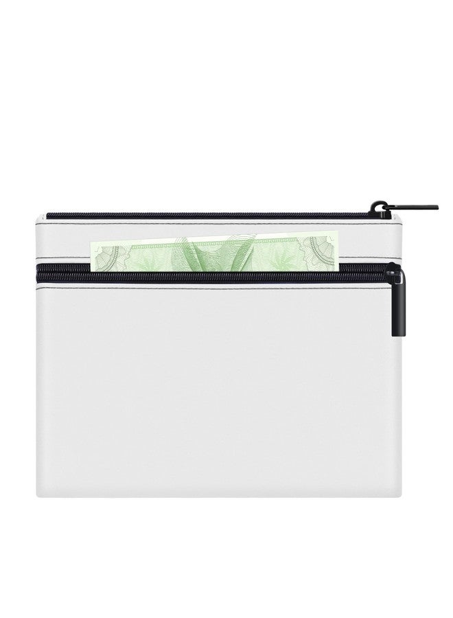 HAUTOCO Money Bag with Zipper 11x6.1 inch Money Pouch with Lined PU Leather Bank Bag Two Pockets Utility Wallet for Cash Check Receipt Coins Cosmetics, White - Image 1