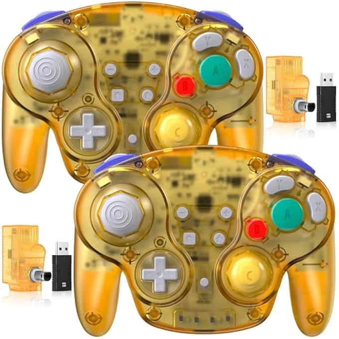 rayihni 2 PACK 2.4 GHZ WIRELESS GAMECUBE SWITCH2 PRO CONTROLLER, FOR NGC GAMECUBE CONSOLE, SWITCH/SWITCH OLED/ SWITCH2, PC, STEAM DECK, PC (BUILT-IN RUMBLE) (RECHARGEABLE) (PLUG AND PLAY) CLEAR YELLOW - Image 1