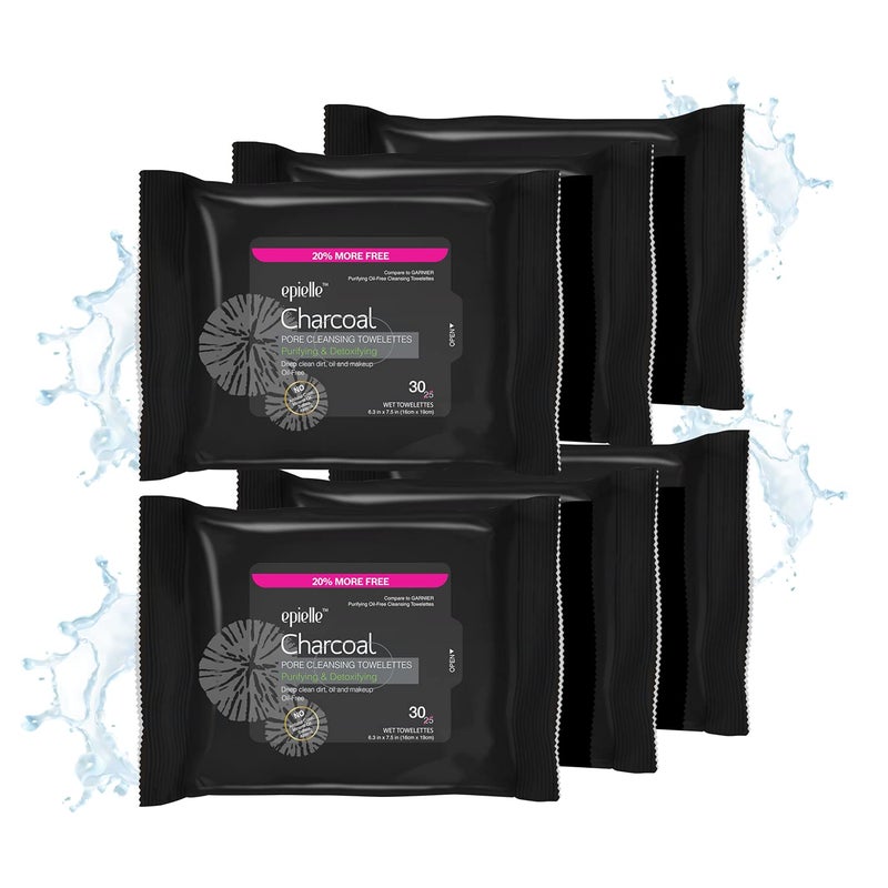 Epielle Charcoal Makeup Remover Wipes  Soft  Gentle for All Skin Types  Removes Dirt Oil Waterproof Makeup  6 Pack  Korean Skincare
