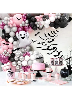 Pink Halloween Balloon Garland Kit For Girls - 175Pcs Grey, White, Black Balloons, 3D Bat Stickers & Ghost Balloon - Birthday Party Decorations