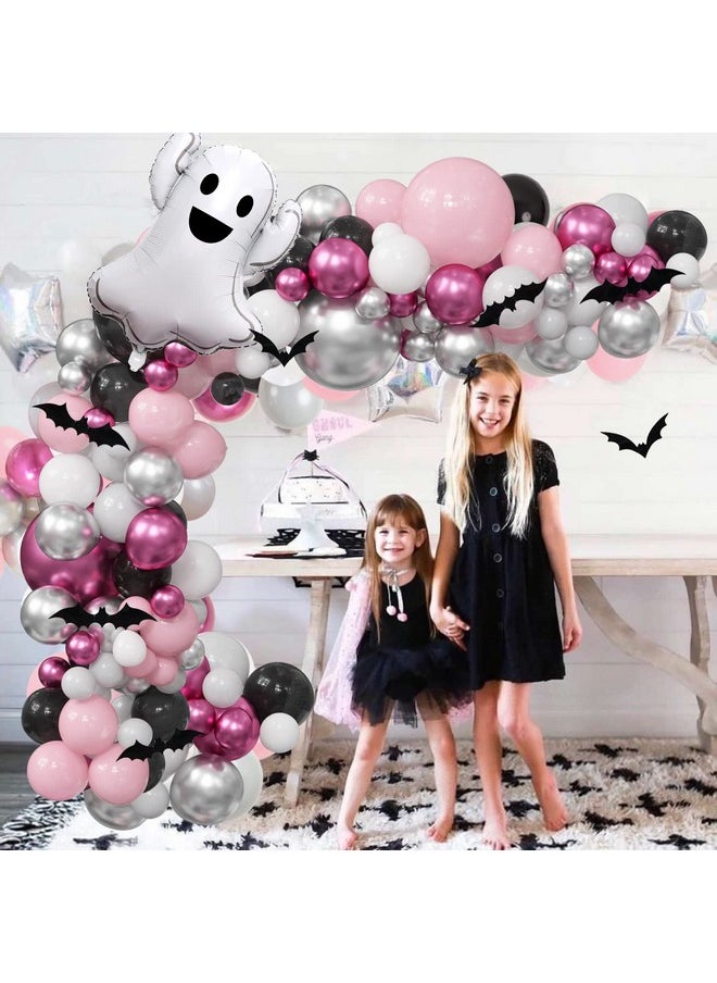 OuMuaMua - Pink Halloween Balloon Garland Kit For Girls - 175Pcs Grey, White, Black Balloons, 3D Bat Stickers & Ghost Balloon - Birthday Party Decorations - Image 1