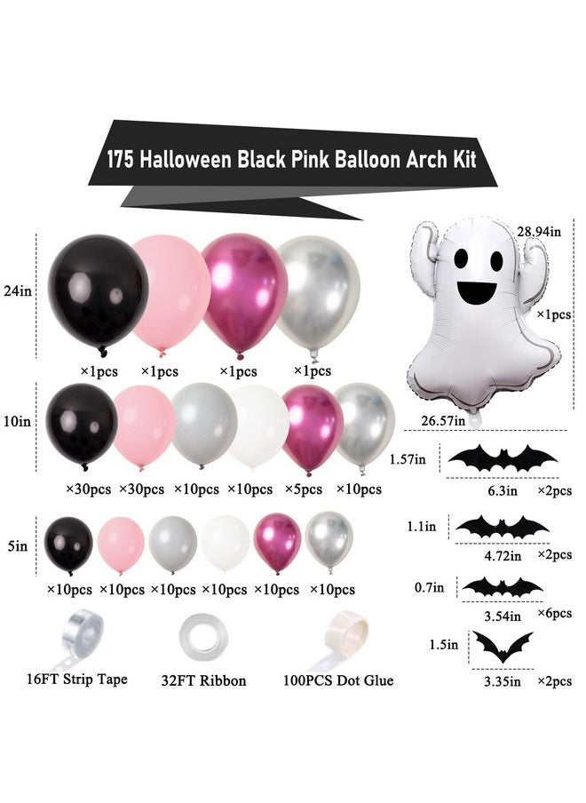OuMuaMua - Pink Halloween Balloon Garland Kit For Girls - 175Pcs Grey, White, Black Balloons, 3D Bat Stickers & Ghost Balloon - Birthday Party Decorations - Image 1
