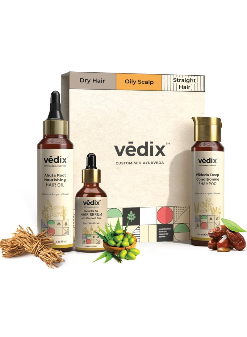Vedix Customized Hair Fall Control Regimen for Dry Hair Oily Scalp 3 Product Kit Anti Hair Fall Oil Berberis + Banyan Anti-Hairfall Shampoo - Image 1