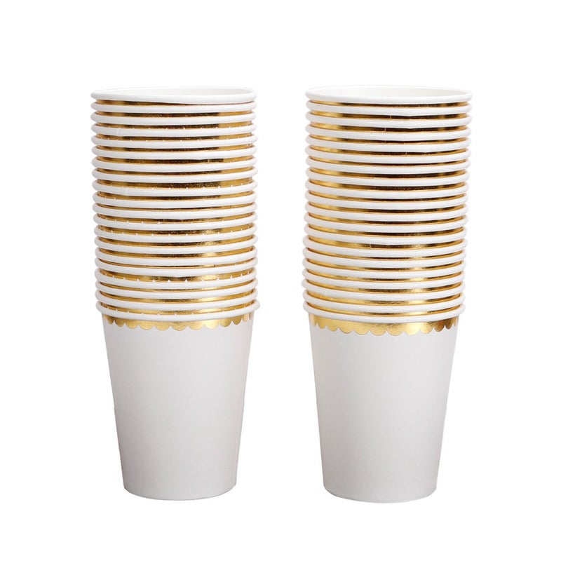 Geeklife White Paper Cups with Sparkly Gold Foil BorderDisposable Gold Party Paper Cups 9 oz40 pcs