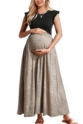 OUGES Women 2025 Spring Summer Floral Maxi Dresses Maternity Clothes Casual Long Fashion Photoshoot Dress with Pockets(Floral A,S) - Image 1