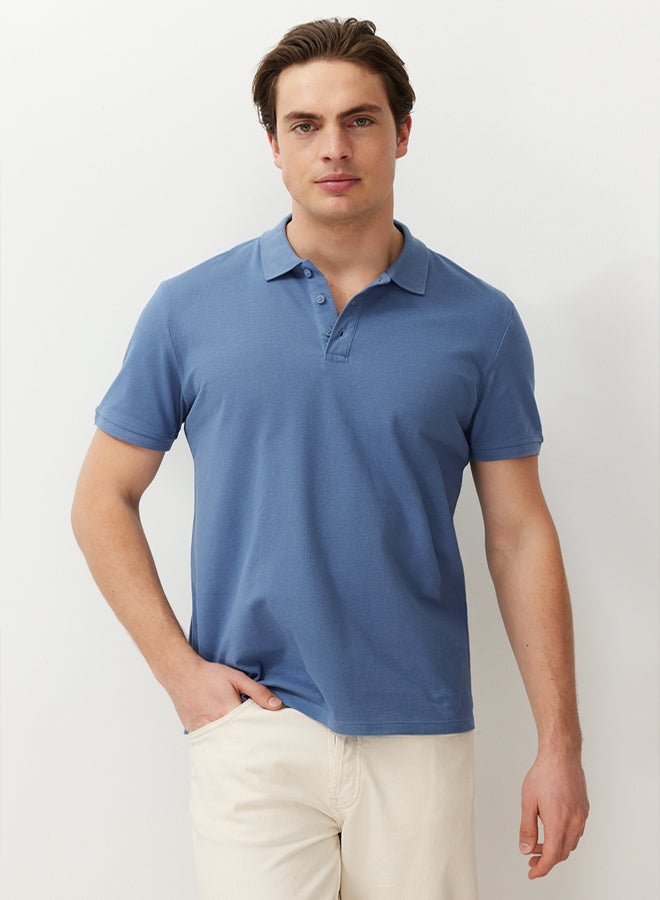trendyol Indigo Regular Cut Textured % Cotton Polo Neck T-Shirt - Image 2
