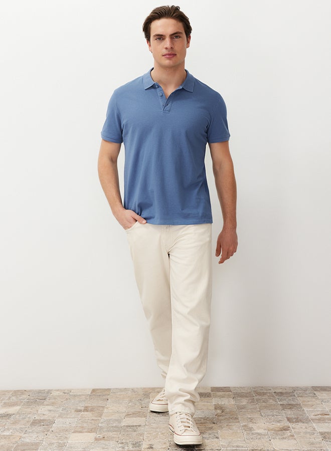 trendyol Indigo Regular Cut Textured % Cotton Polo Neck T-Shirt - Image 3