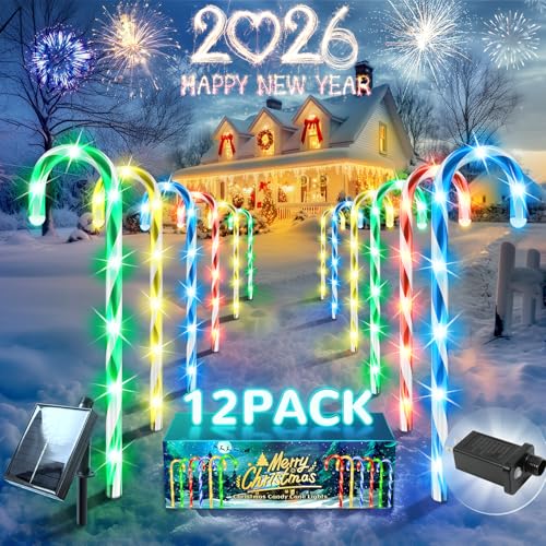 Anordsem Solar Christmas Decorations Outdoor 12 Pack Candy Cane Pathway Stake Lights Waterproof LED Colorful Lighting Yard Xmas DIY Decor Unique Gardening Gifts for Homeowners