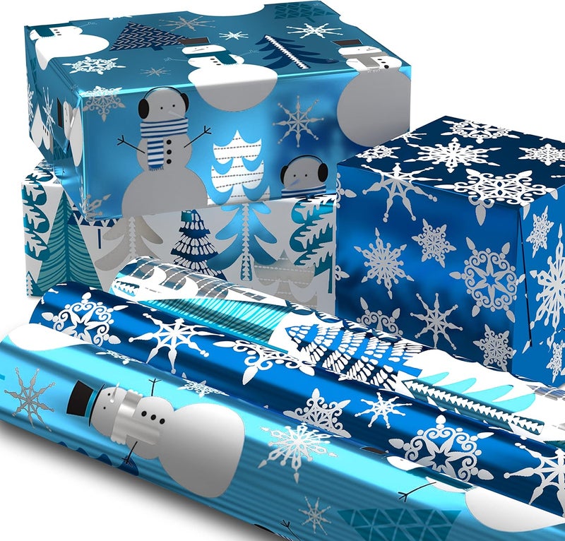 Hallmark Blue Foil Christmas Wrapping Paper with Cut Lines on Reverse (3 Rolls: 60 sq. ft. ttl) Snowmen, Snowflakes, Christmas Trees - Image 1