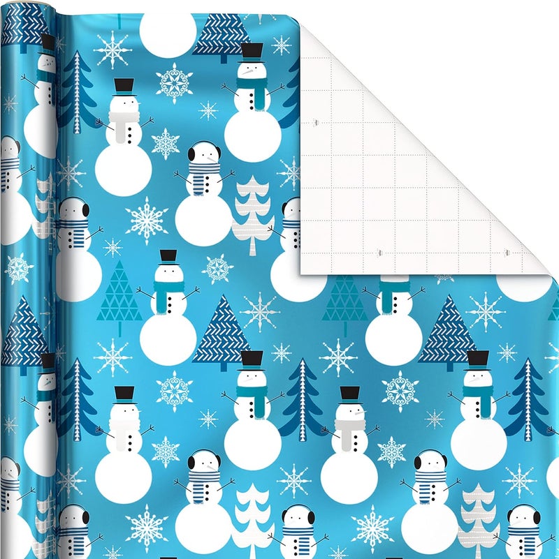 Hallmark Blue Foil Christmas Wrapping Paper with Cut Lines on Reverse (3 Rolls: 60 sq. ft. ttl) Snowmen, Snowflakes, Christmas Trees - Image 3