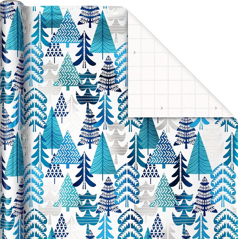 Hallmark Blue Foil Christmas Wrapping Paper with Cut Lines on Reverse (3 Rolls: 60 sq. ft. ttl) Snowmen, Snowflakes, Christmas Trees - Image 5