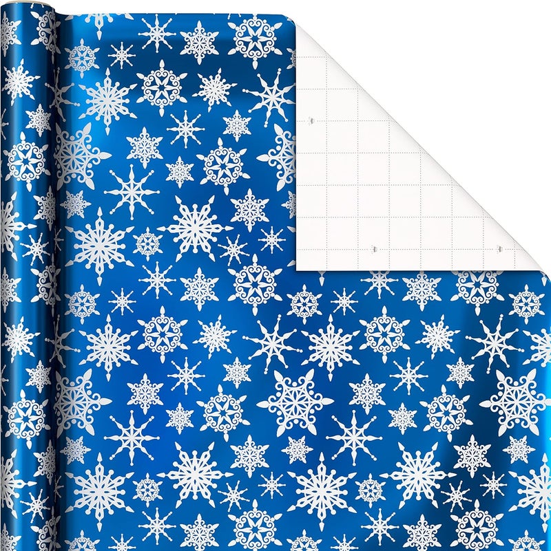 Hallmark Blue Foil Christmas Wrapping Paper with Cut Lines on Reverse (3 Rolls: 60 sq. ft. ttl) Snowmen, Snowflakes, Christmas Trees - Image 4