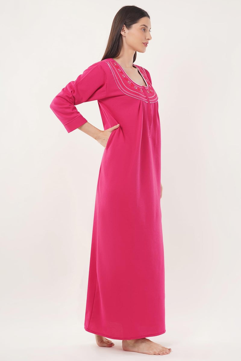 Noty Store Noty Women’s Winter Fleece Nighty (L, 2XL) | Soft Warm Fabric | Full Sleeve Nightwear with Embroidery | Cozy Long Night Dress for Women (Dark Pink, L) - Image 3