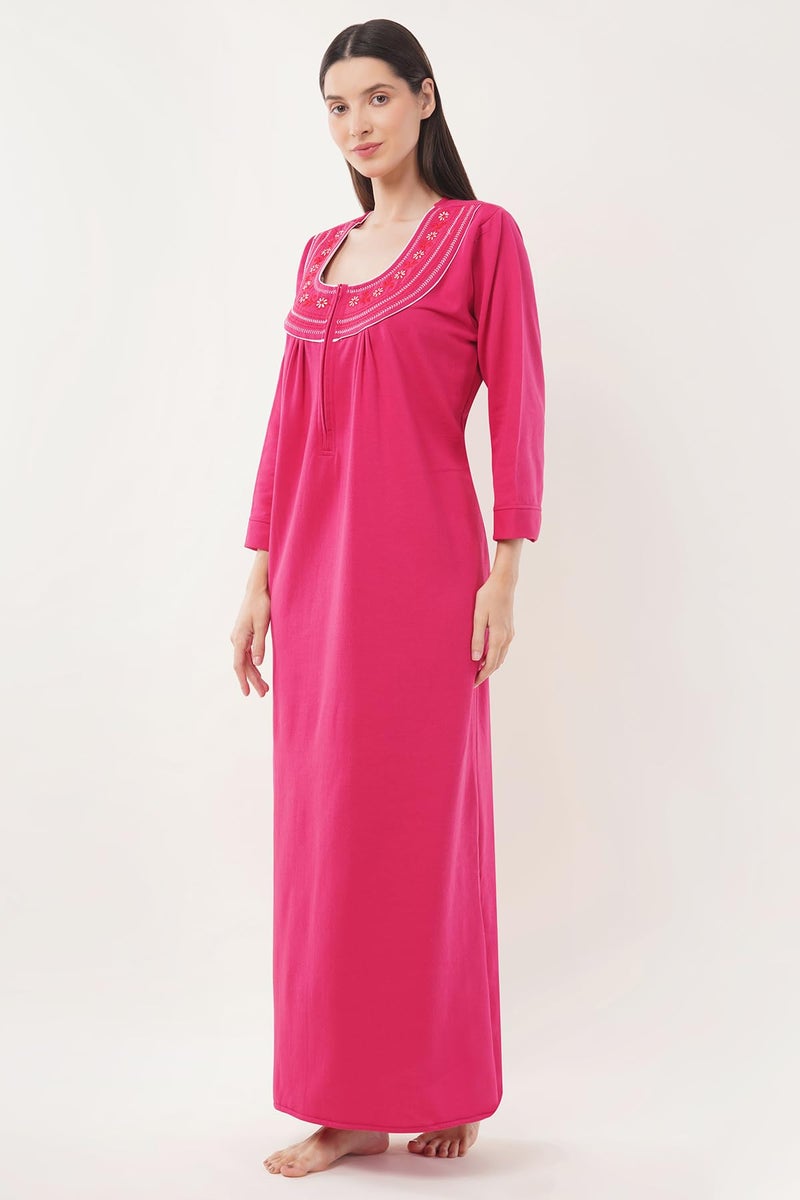 Noty Store Noty Women’s Winter Fleece Nighty (L, 2XL) | Soft Warm Fabric | Full Sleeve Nightwear with Embroidery | Cozy Long Night Dress for Women (Dark Pink, L) - Image 4