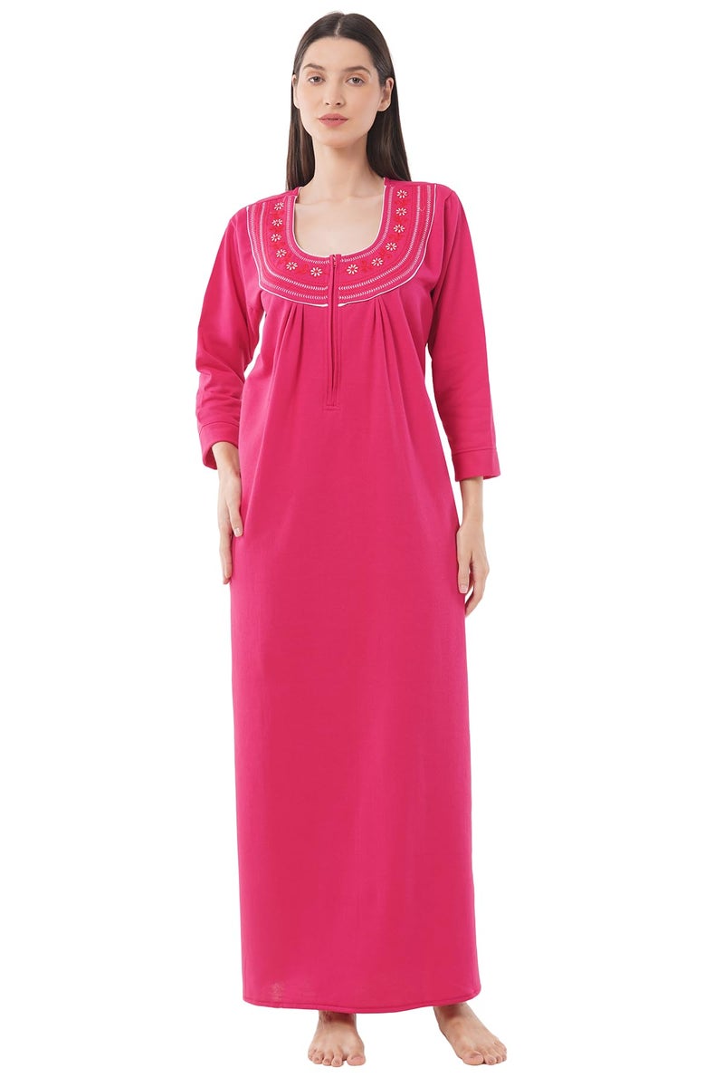 Noty Store Noty Women’s Winter Fleece Nighty (L, 2XL) | Soft Warm Fabric | Full Sleeve Nightwear with Embroidery | Cozy Long Night Dress for Women (Dark Pink, L) - Image 1