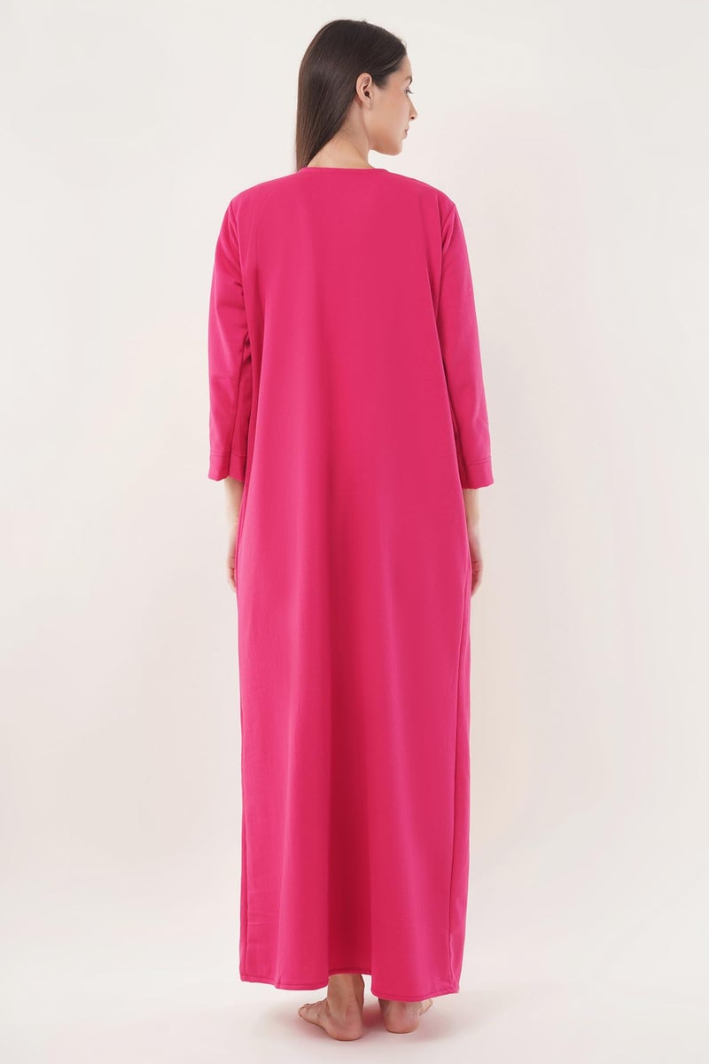 Noty Store Noty Women’s Winter Fleece Nighty (L, 2XL) | Soft Warm Fabric | Full Sleeve Nightwear with Embroidery | Cozy Long Night Dress for Women (Dark Pink, L) - Image 5