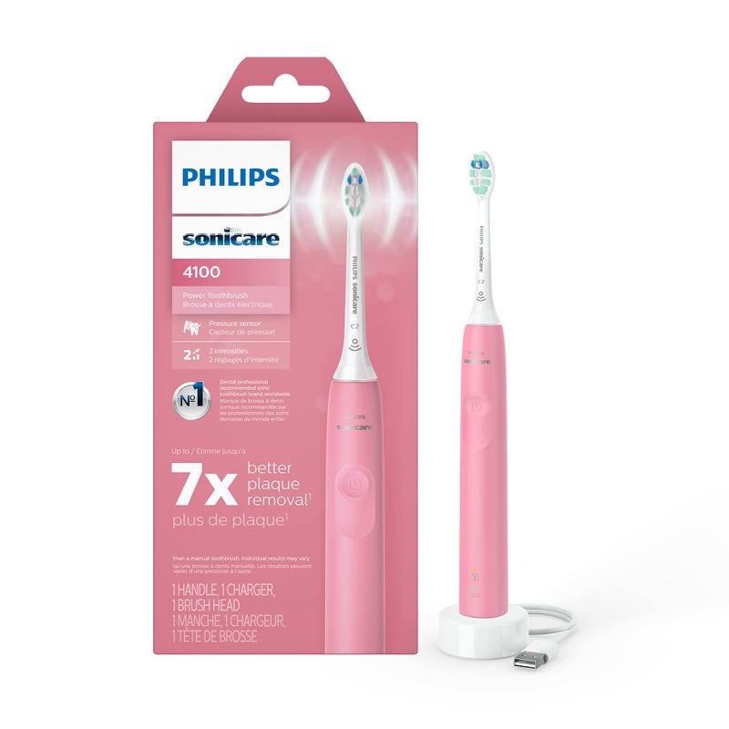 Philips Sonicare 4100 Rechargeable Electric Toothbrush with Pressure Sensor 2 Intensity Settings SmarTimer and QuadPacer 14Day Battery Life Deep Pink Model HX368126