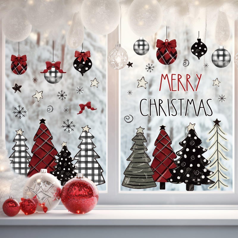 Whaline Merry Christmas Window Clings Red Black Xmas Tree Ball Snowflake Window Stickers Double-Side Plaid Glass Decals for Home Party Supplies  7.9 x 11.8 Inch  9 Sheets - Image 3