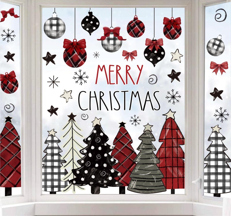 Whaline Merry Christmas Window Clings Red Black Xmas Tree Ball Snowflake Window Stickers Double-Side Plaid Glass Decals for Home Party Supplies  7.9 x 11.8 Inch  9 Sheets - Image 1