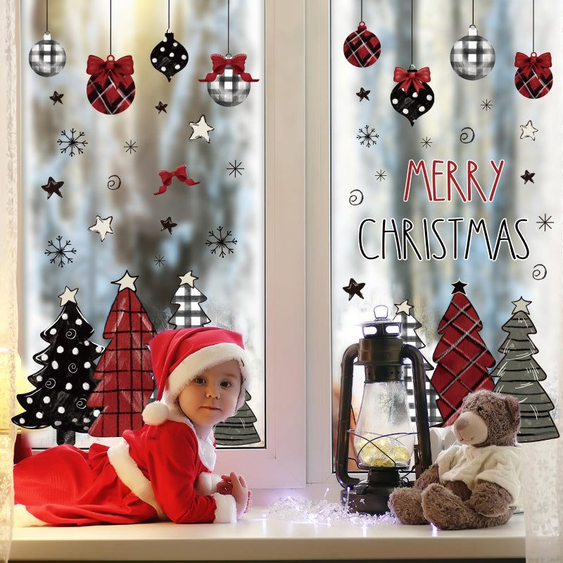 Whaline Merry Christmas Window Clings Red Black Xmas Tree Ball Snowflake Window Stickers Double-Side Plaid Glass Decals for Home Party Supplies  7.9 x 11.8 Inch  9 Sheets - Image 4