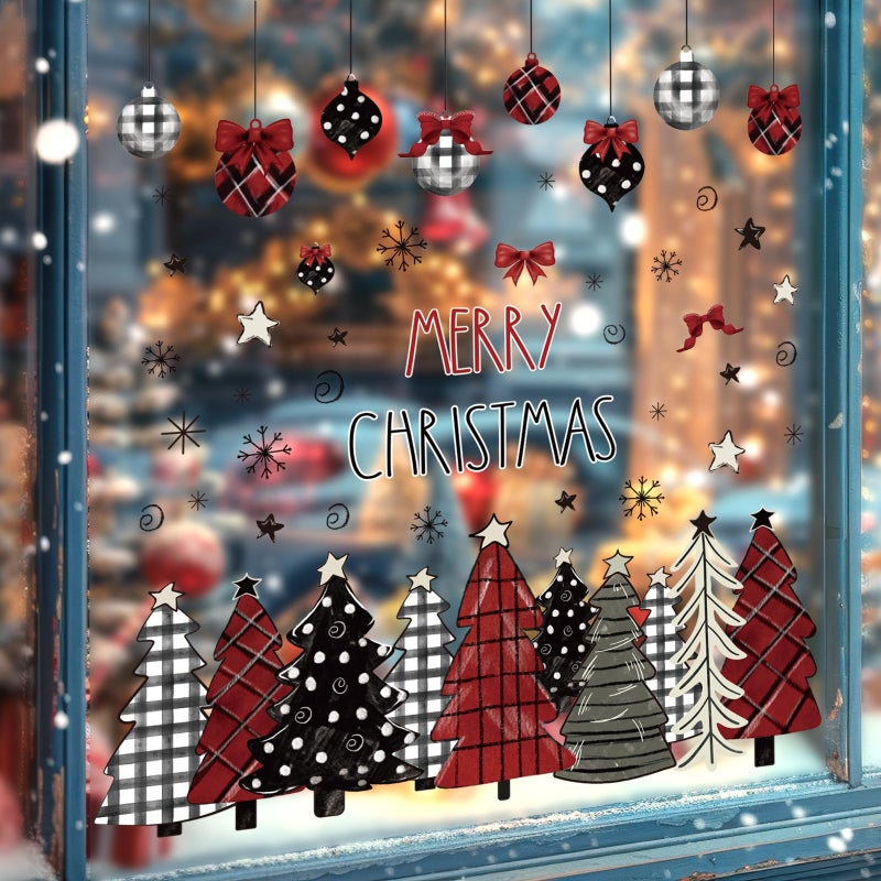 Whaline Merry Christmas Window Clings Red Black Xmas Tree Ball Snowflake Window Stickers Double-Side Plaid Glass Decals for Home Party Supplies  7.9 x 11.8 Inch  9 Sheets - Image 2