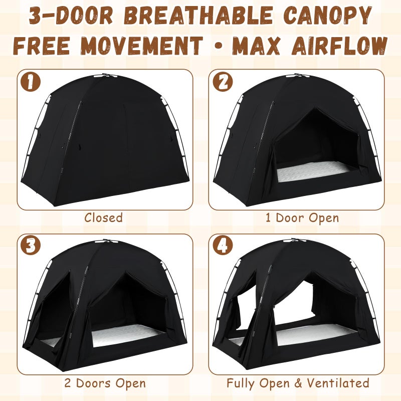 jiangcha Bed Tents for Kids and Adults, Portable 100% Breathable and 93% Blackout Dream Play Tent, 3 Doors Big Privacy Space Sleeping Canopy for Floor or Twin Full Queen Sizes Bed (Black, Full-Size) - Image 4