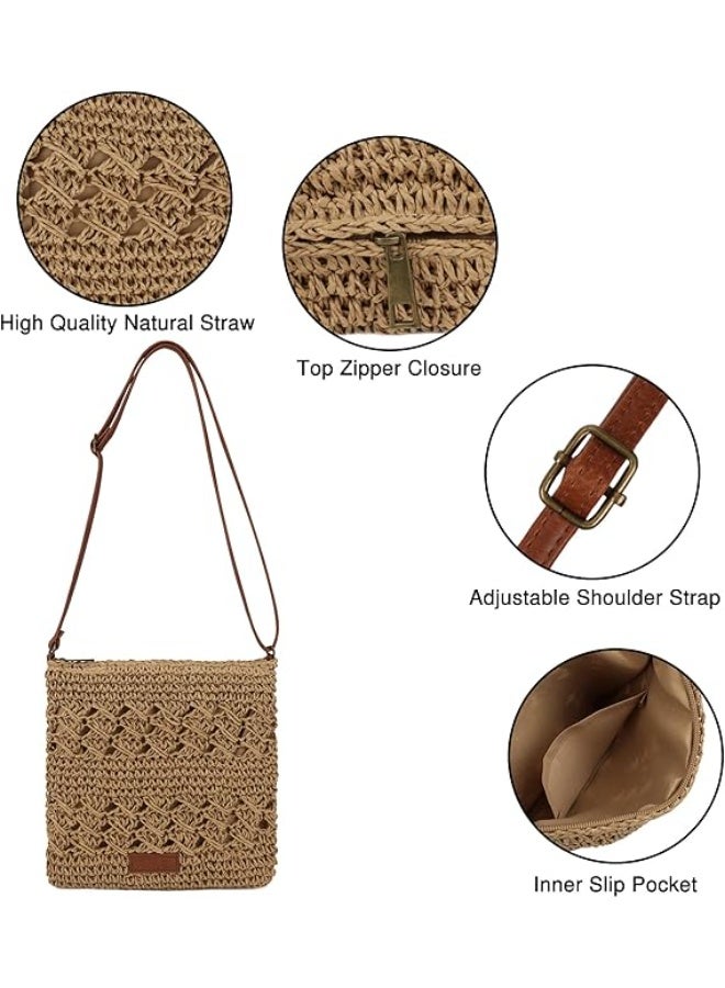 انتيكيانو حقيبة كروشيه شبكية من القش للنساء كتف منسوجة للشاطئ والعطلات الصيفية - Image 3