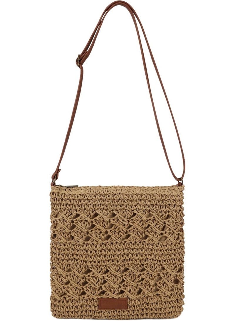 انتيكيانو حقيبة كروشيه شبكية من القش للنساء كتف منسوجة للشاطئ والعطلات الصيفية - Image 1