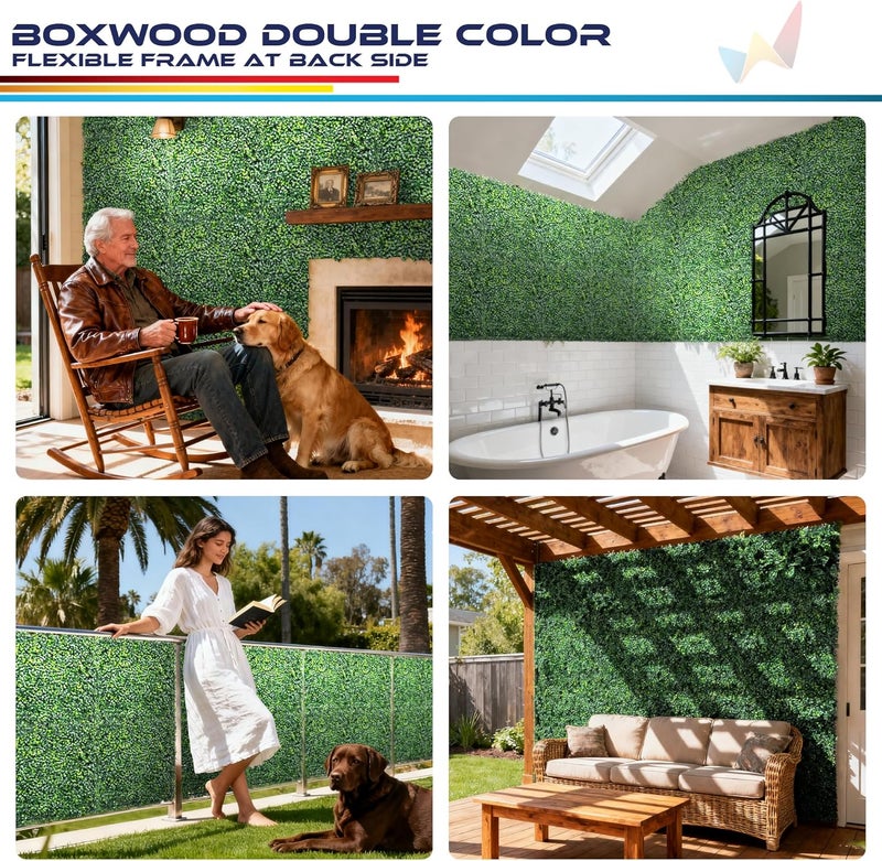 Windscreen4less 6 PCS 20"x20" Artificial Boxwood Panels Faux Plant Grass Green Wall Panel Decoration for Outdoor Indoor Garden Backyard (Boxwood Double Color) - Image 2