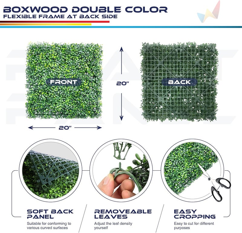 Windscreen4less 6 PCS 20"x20" Artificial Boxwood Panels Faux Plant Grass Green Wall Panel Decoration for Outdoor Indoor Garden Backyard (Boxwood Double Color) - Image 3