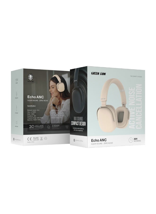 جرين ليون سماعة رأس ECHO ANC / صوت واضح / ضوضاء صفرية / ساعات عمل كبيرة / مسافة نطاق كبيرة / ميكروفون / دعم Aux / محرك 40 مم / بلوتوث V5.3 / متين - بيج - Image 3