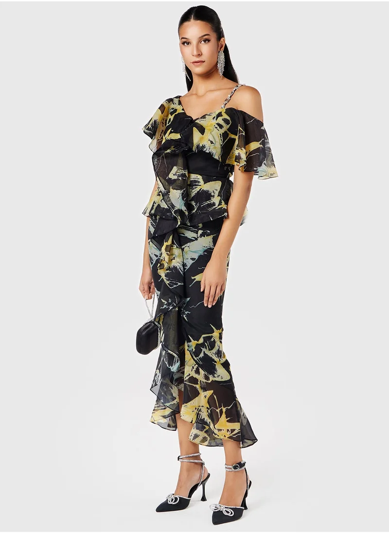 Threadz by Ajooni Asymmetric Printed Ruffle Dress