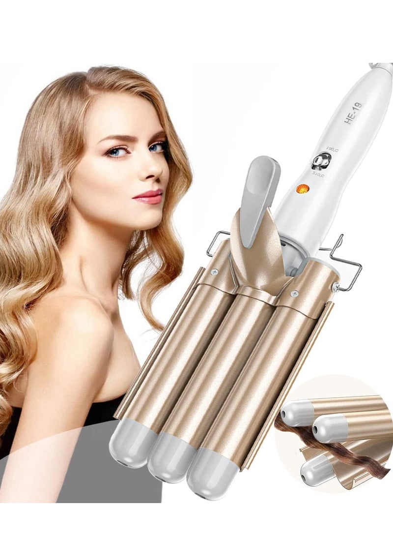 ELTRAZONE Three Barrel Hair Waver 25MM Big Wave Hair Curling Iron Wand with Two Speed Temperature Control, Ceramic Tourmaline Triple Barrels, Dual Voltage Crimp, Gold  - Image 1