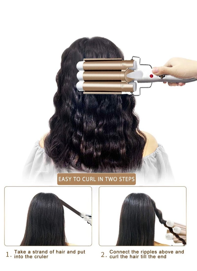 ELTRAZONE Three Barrel Hair Waver 25MM Big Wave Hair Curling Iron Wand with Two Speed Temperature Control, Ceramic Tourmaline Triple Barrels, Dual Voltage Crimp, Gold  - Image 2