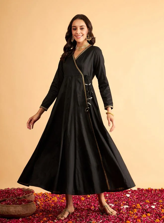 SASSAFRAS Embroidered Trim Angrakha Anarkali Dress with Slip by Styli