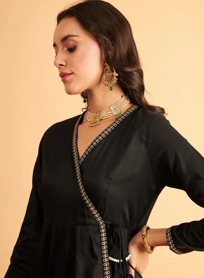 SASSAFRAS Embroidered Trim Angrakha Anarkali Dress with Slip by Styli