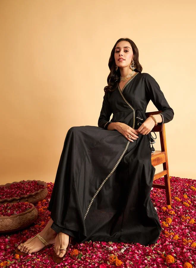 SASSAFRAS Embroidered Trim Angrakha Anarkali Dress with Slip by Styli