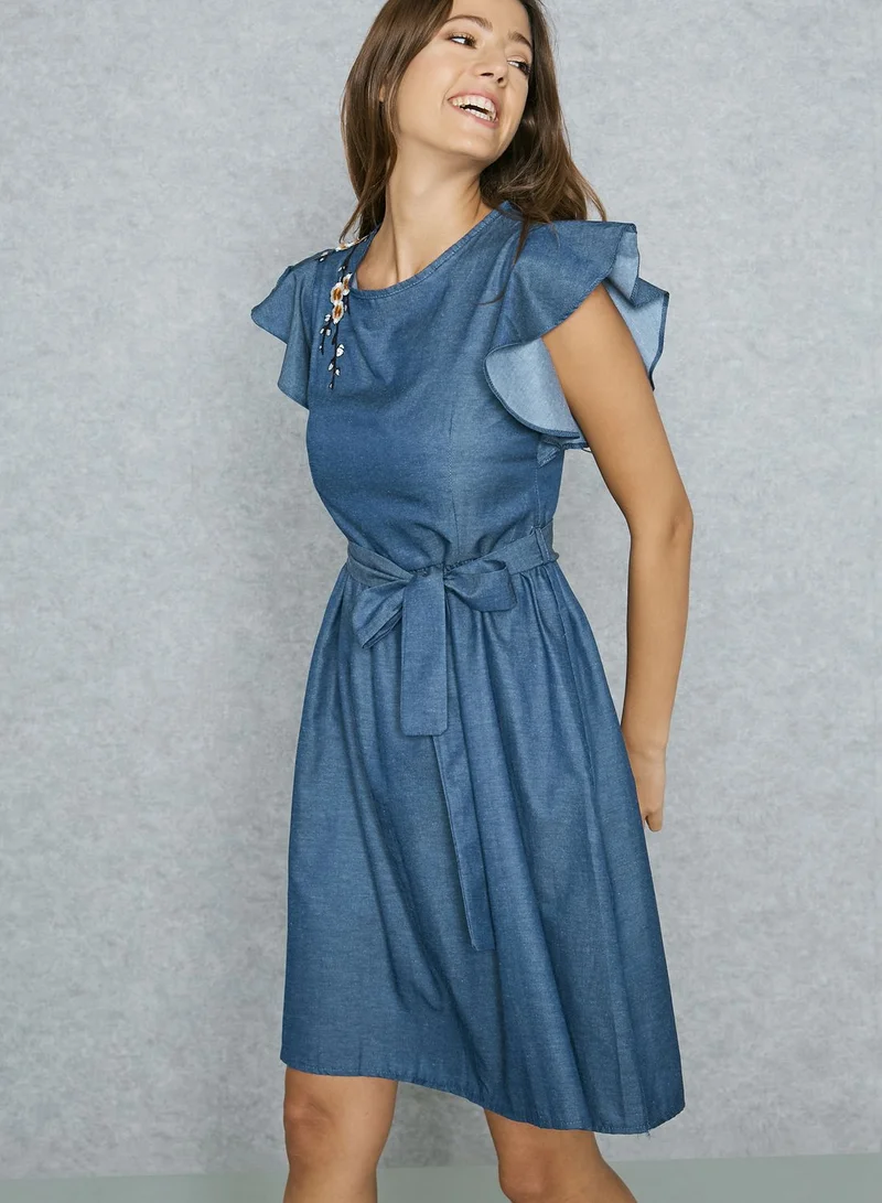 ELLA Embroidered Ruffle Sleeve Self Tie Dress