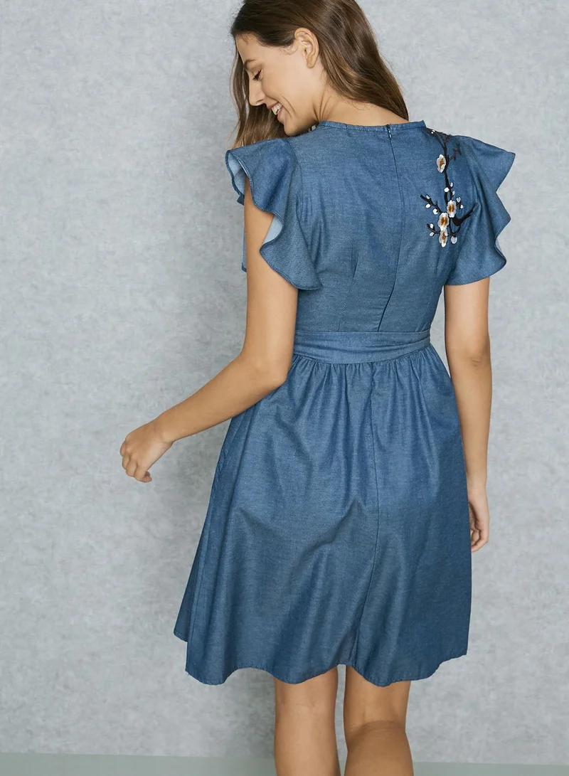 ELLA Embroidered Ruffle Sleeve Self Tie Dress