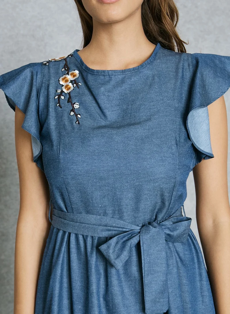 ELLA Embroidered Ruffle Sleeve Self Tie Dress