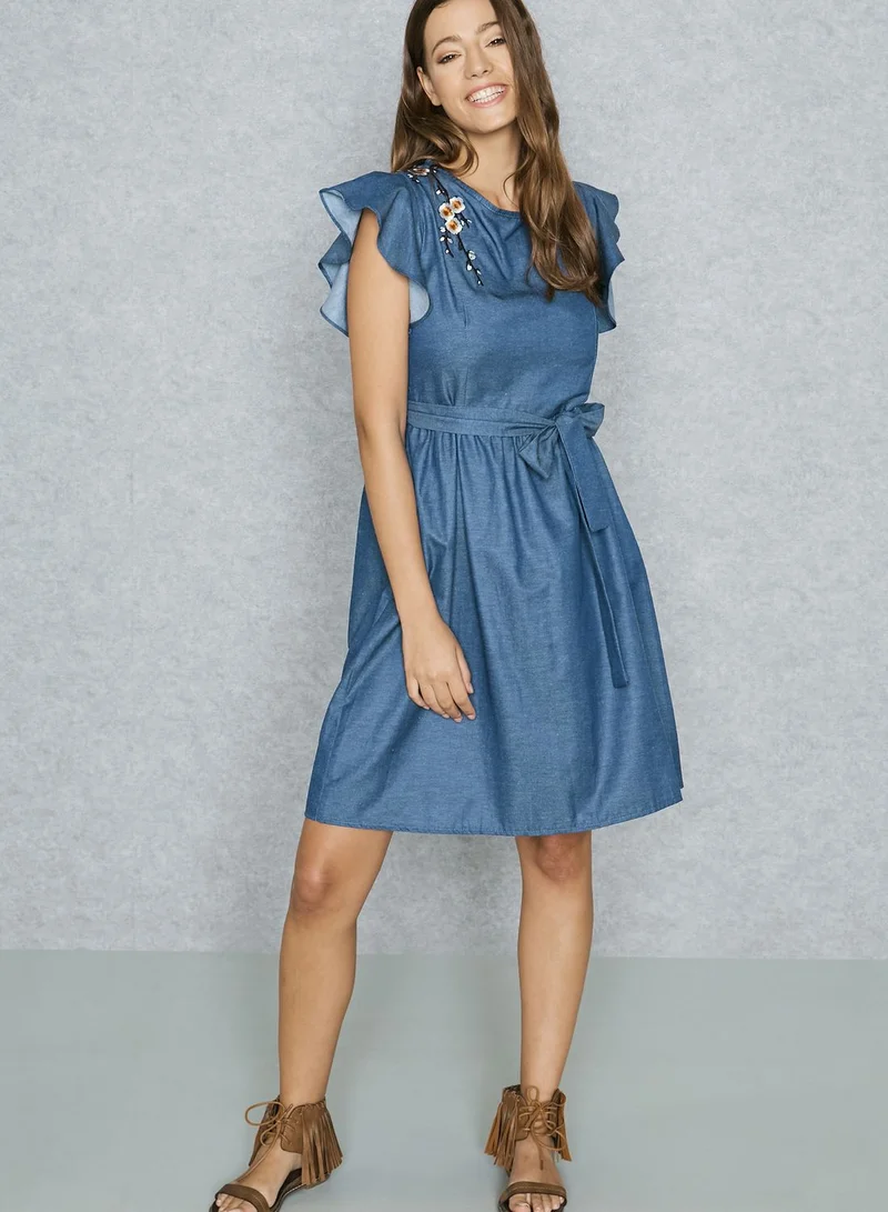 ELLA Embroidered Ruffle Sleeve Self Tie Dress