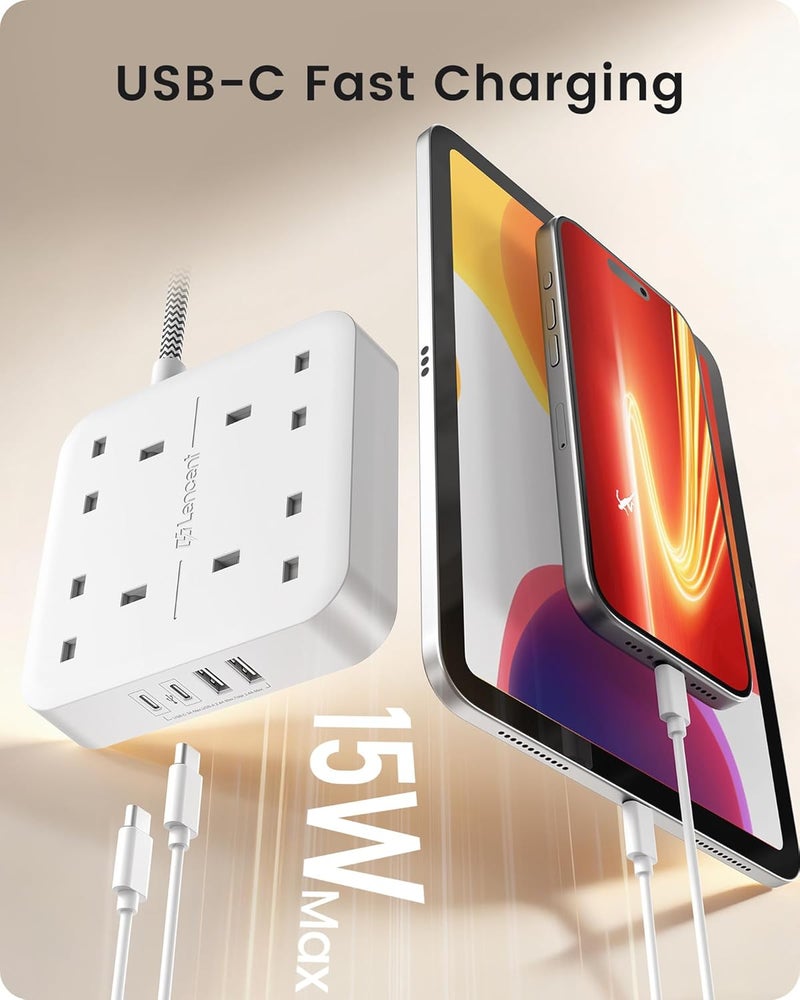 Lencent 3M Extension Lead with USB C Port (3250W 13A), 4 Way Outlets Power Strip with 2 USB-C and 2 USB Slots, Multi Power Plug Extension with 3M Braided Extension Cord for Home Office- White - Image 3