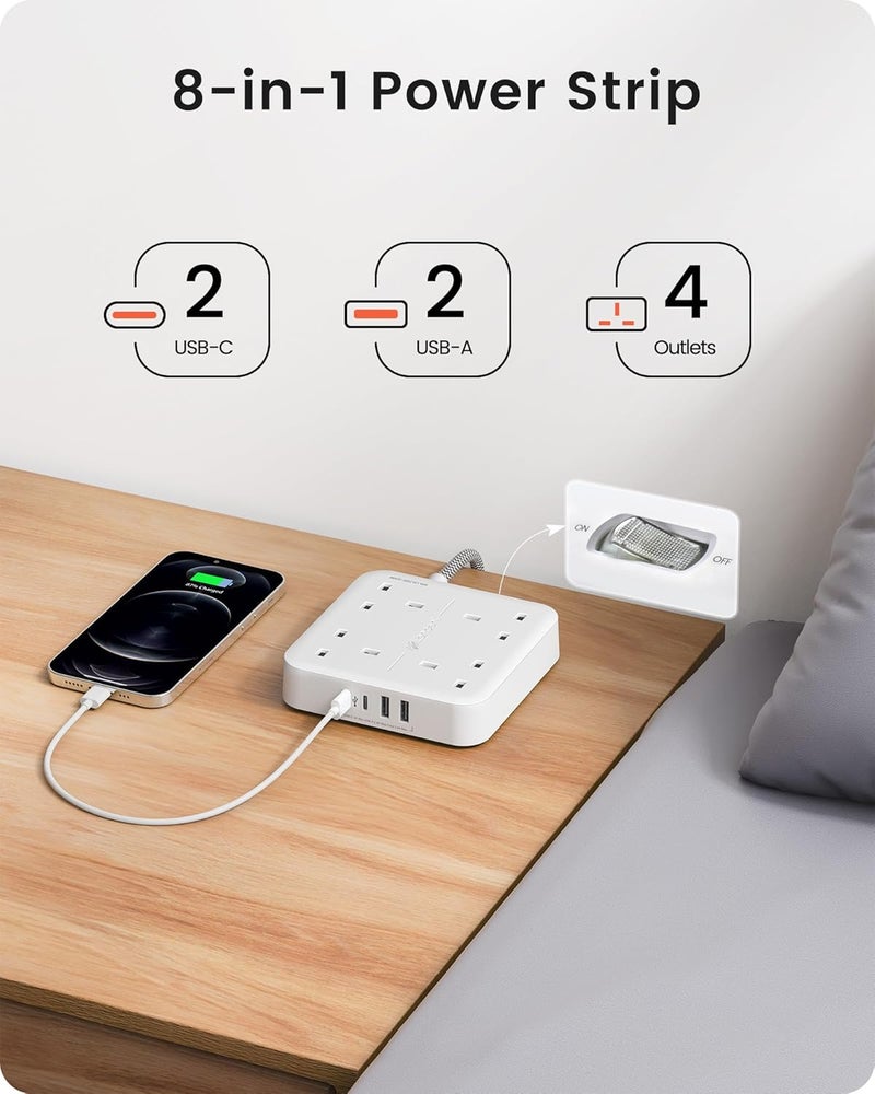 Lencent 3M Extension Lead with USB C Port (3250W 13A), 4 Way Outlets Power Strip with 2 USB-C and 2 USB Slots, Multi Power Plug Extension with 3M Braided Extension Cord for Home Office- White - Image 2