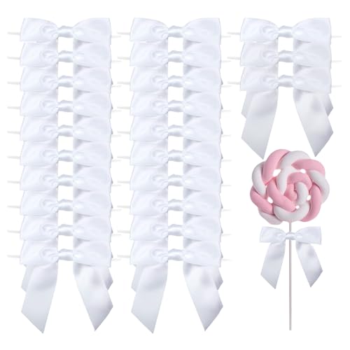 AKLVBL 2.5" White Satin Ribbon Twist Tie Bows for Gift Wrapping - 30 Counts - Image 1