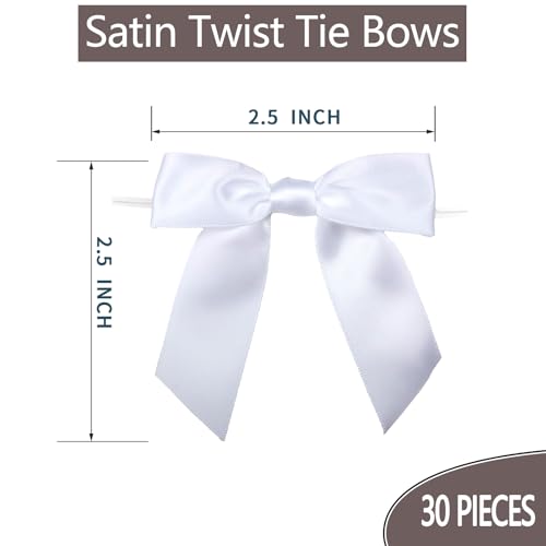AKLVBL 2.5" White Satin Ribbon Twist Tie Bows for Gift Wrapping - 30 Counts - Image 3
